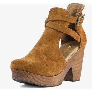 Brown Suede Women's Platform Round Toe Cutout Ankle Boots Strap Buckles Bootie
